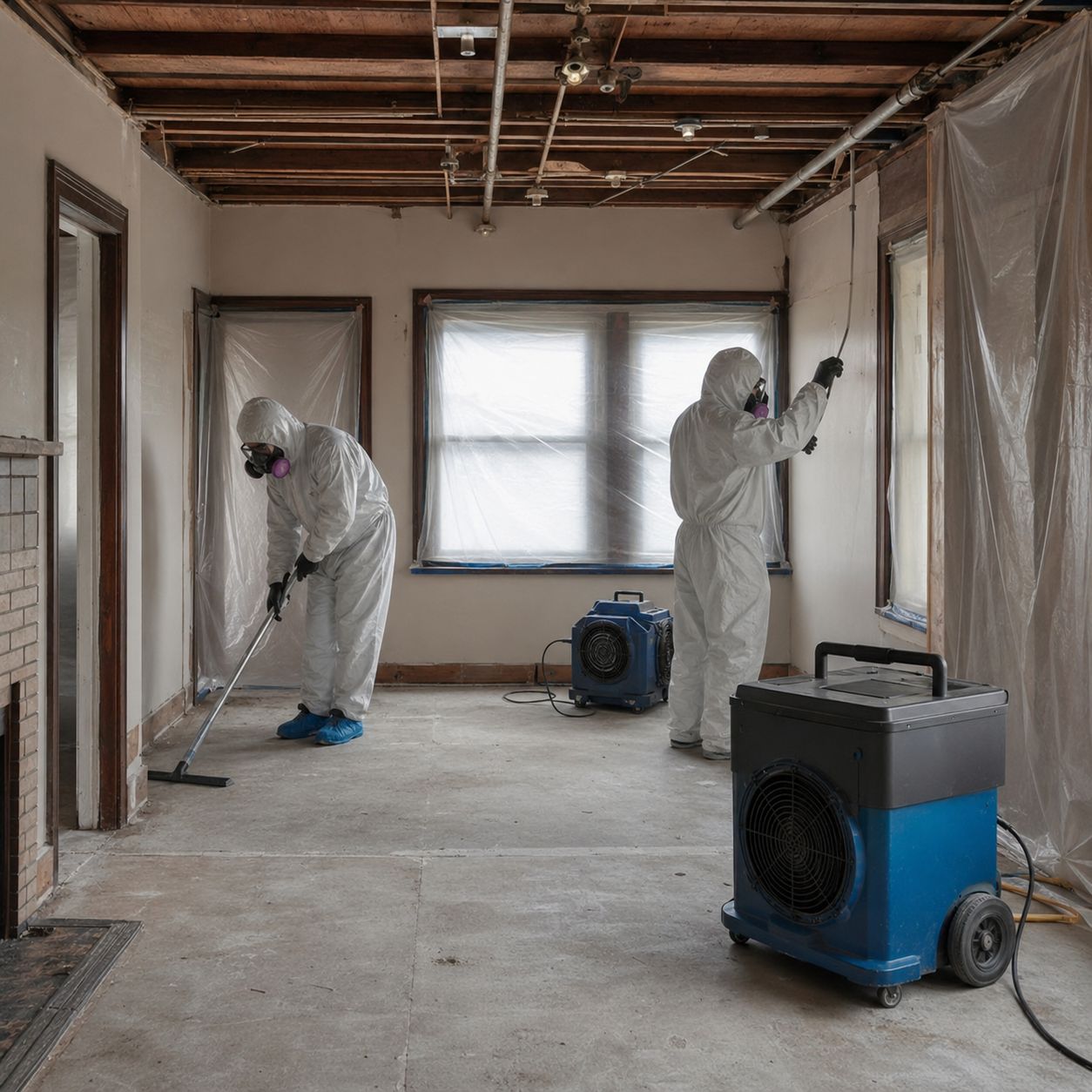 Certified asbestos abatement team removing asbestos floor tiles inside containment