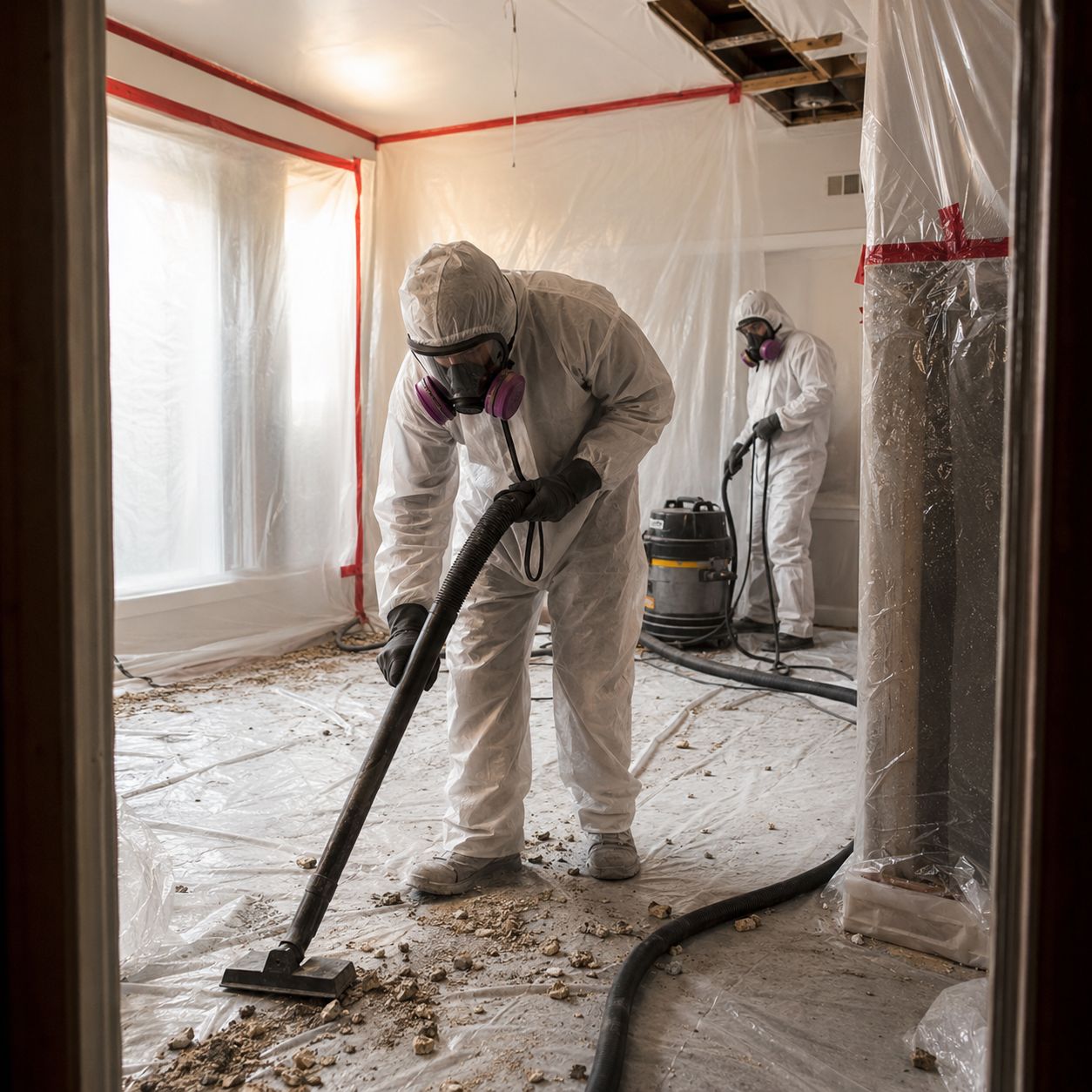 Licensed technicians removing asbestos wall materials in residential hallway