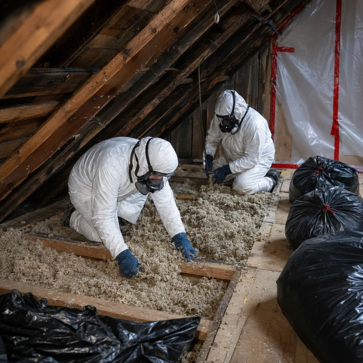 EPA certified specialists bagging asbestos waste in sealed containment zone